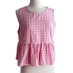 Fashion Gingham Peplum Tank Top L Womens Cotton Pink SD-1956 Cottagecore